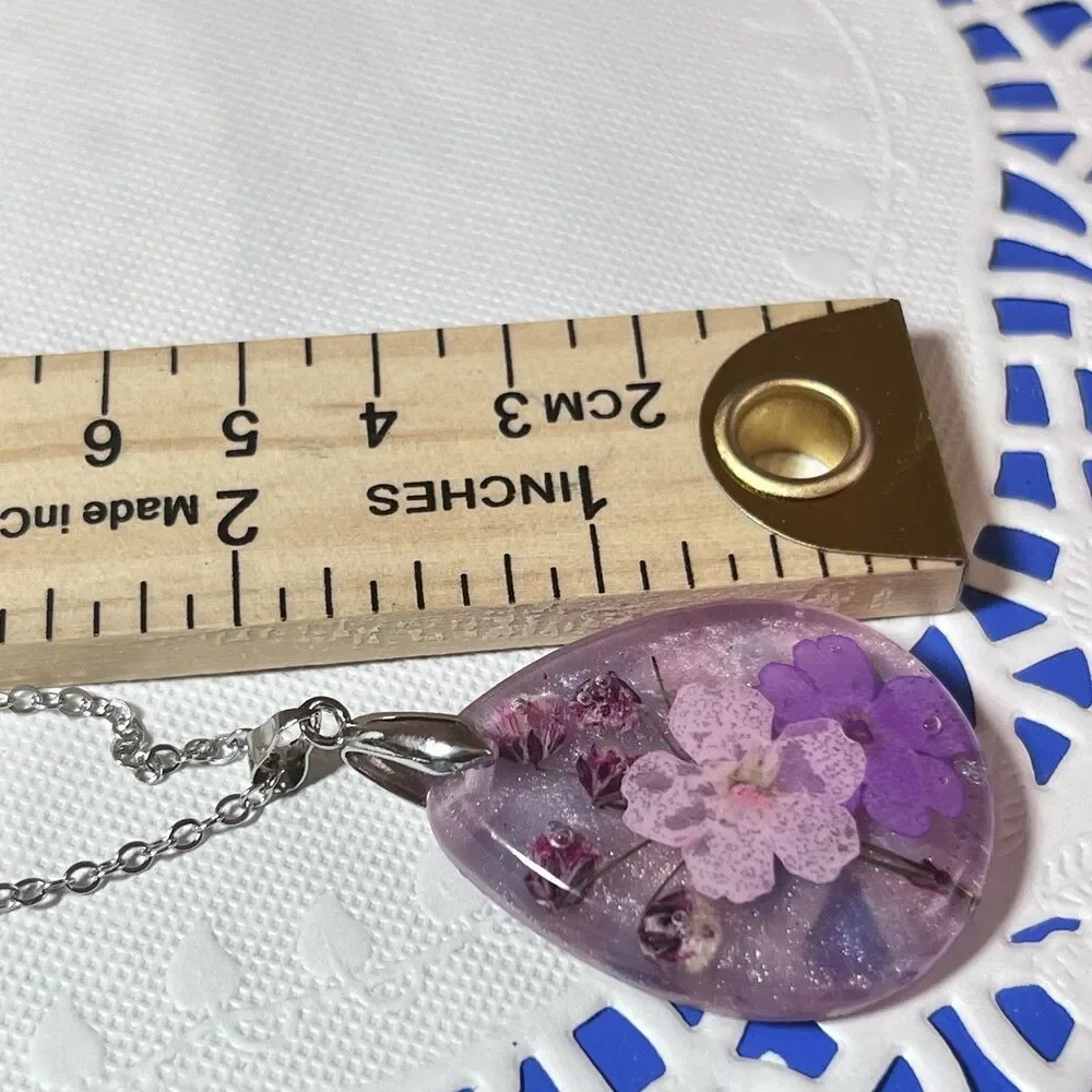 Colorful Pressed Flower Lavender Teardrop Pendant Necklace Resin 18